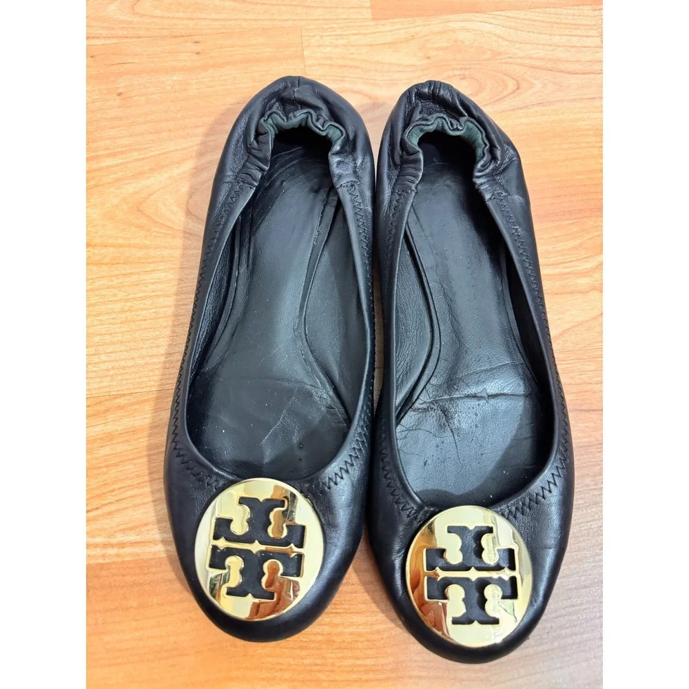 Tory Burch Womens Reva Comfort Ballet Flats Size 6.5 Black Leather Logo Designer